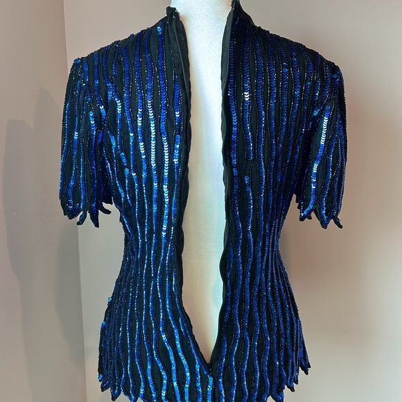 Vtg STENAY 100% Silk Top Black Blue Sequin Beaded Stripe Silk Short Sleeve 80s - Picture 8 of 10